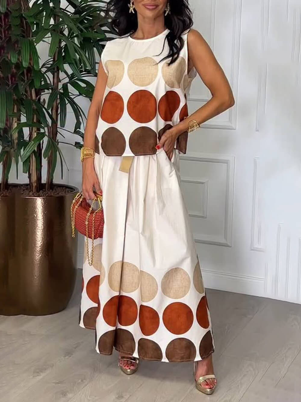 Retro Unique Round Print Pocket Pleated Flared Pants