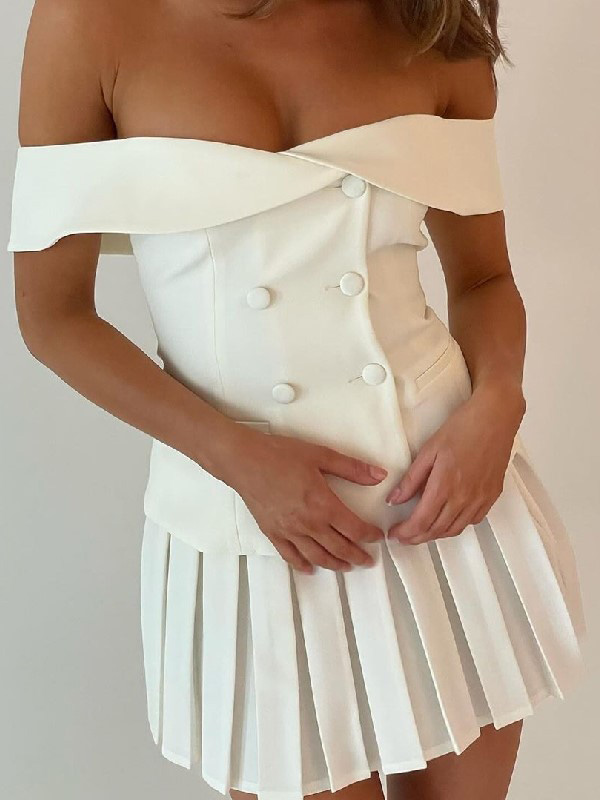 Elegant Double Breasted Off-Shoulder Top Pleated Skirt Two-Piece Set