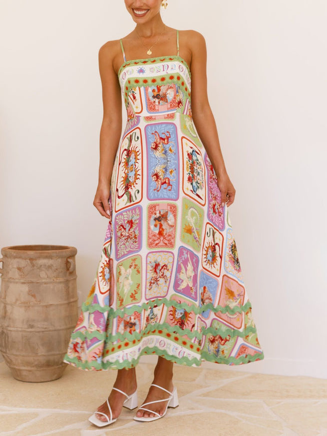 Unique Painted Print Sleeveless Lace Maxi Dress