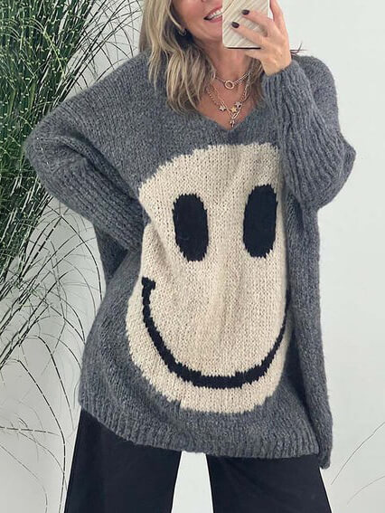 Casual Street Smiley Face Pullover Loose Sweater