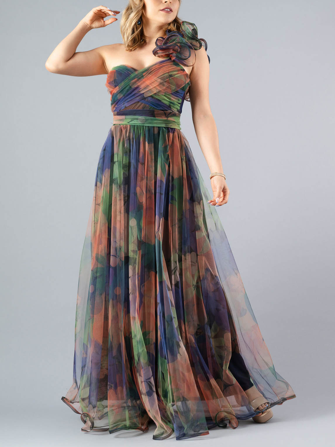 Elegant Tulle Floral Print One Shoulder Neck Maxi Dress