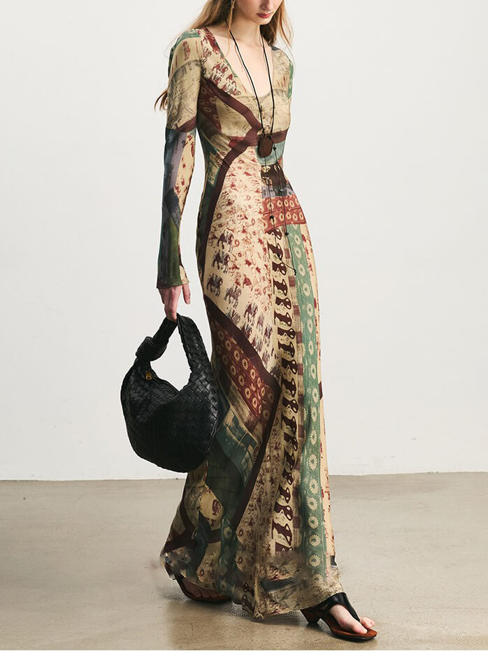 Vintage Oil Painting Floral Print V Neck Maxi Dress