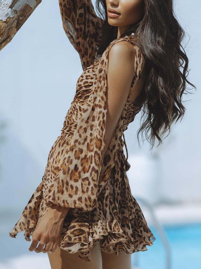 Personalized Leopard Print Pleated Mini Dress