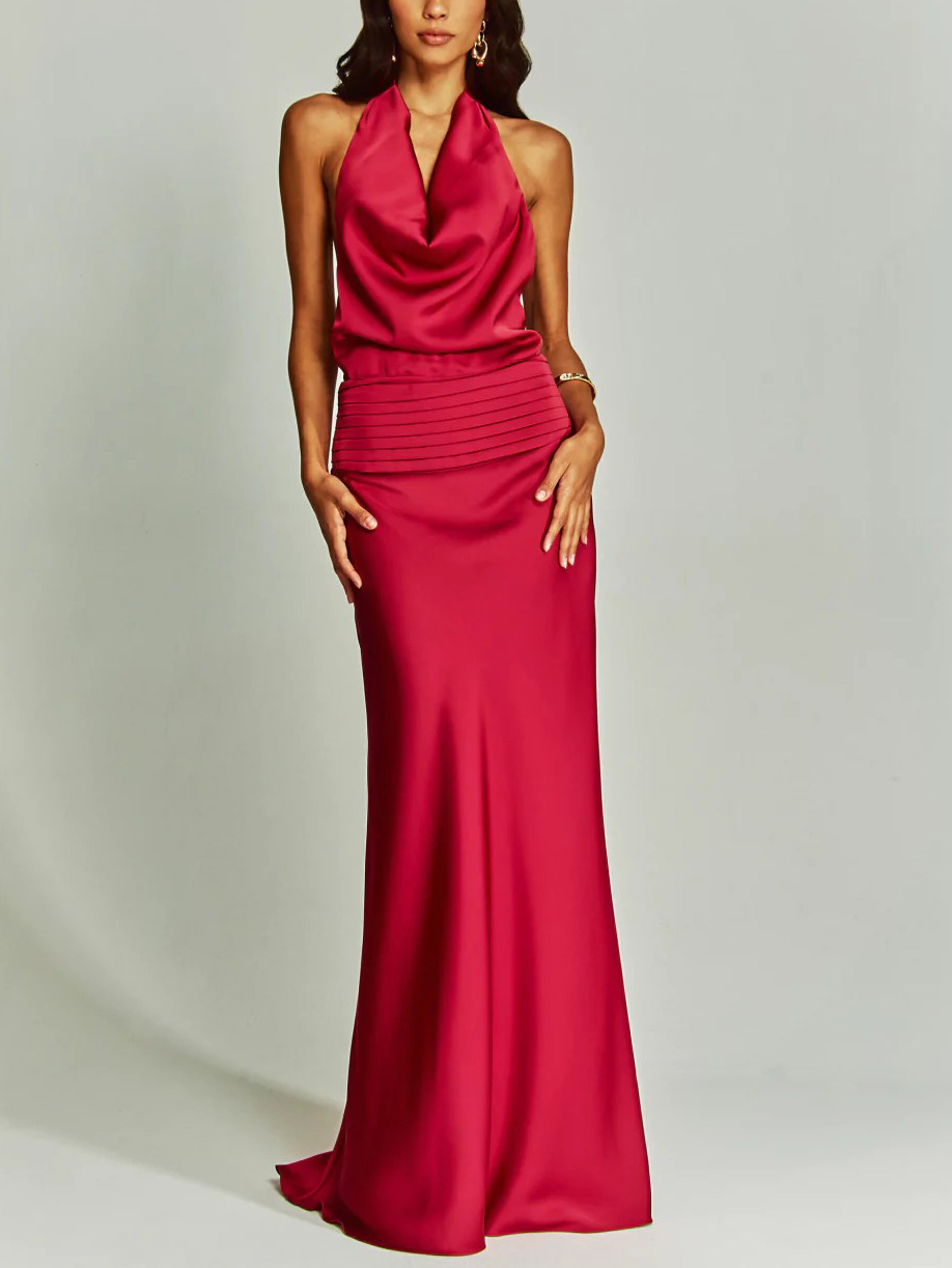 Elegant Chic Halter Neck Satin Party Maxi Dress