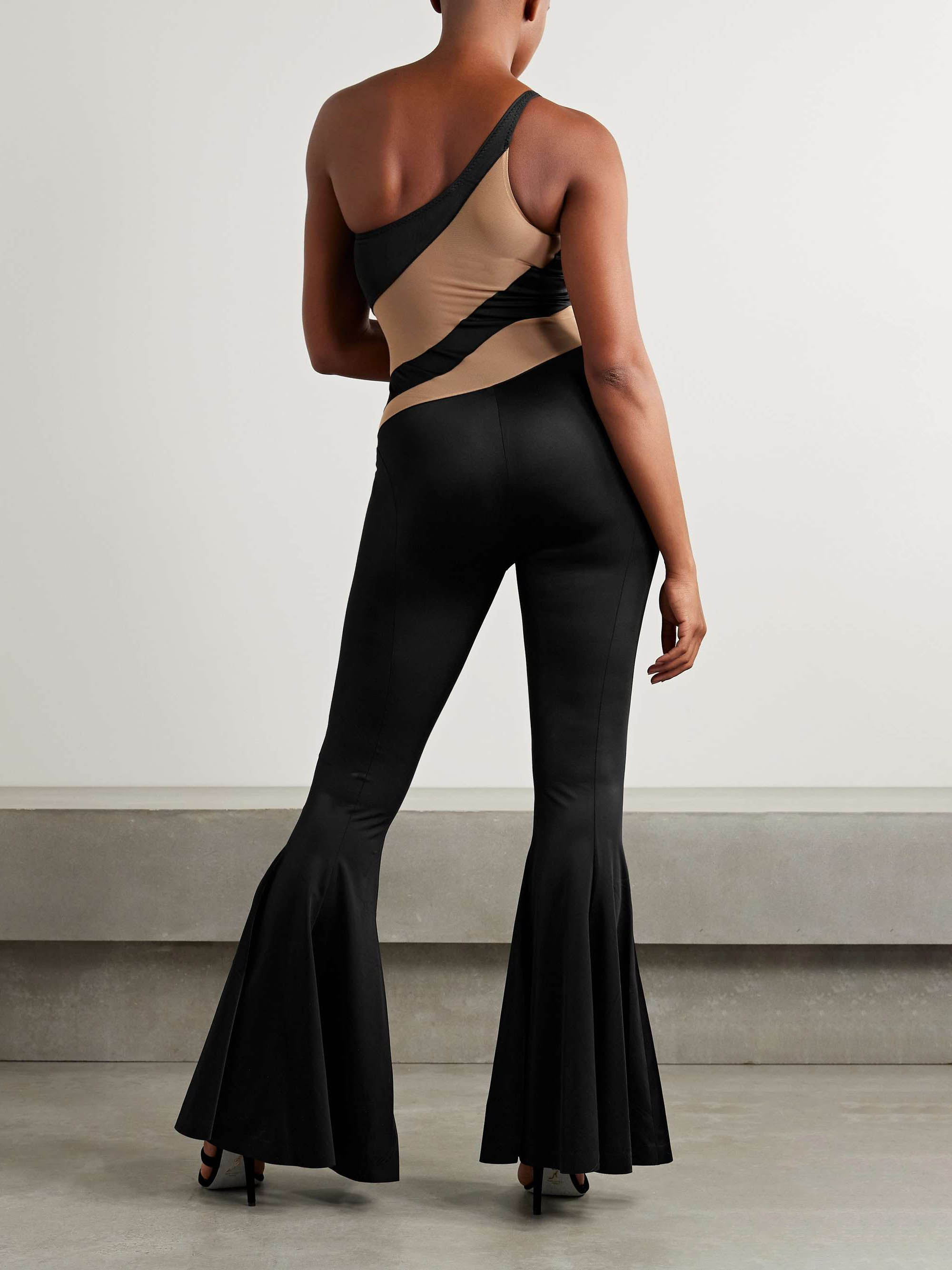 Elegant Off-shoulder Mesh Patchwork Flared Jumpsuit