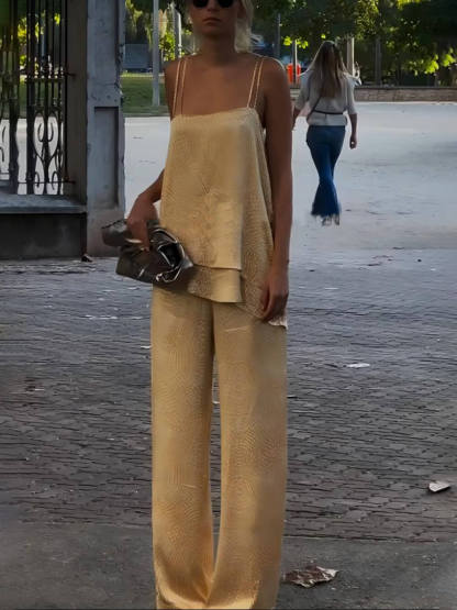 Unique Artistic Print Flow Satin Elastic Waist Wide-Leg Pants