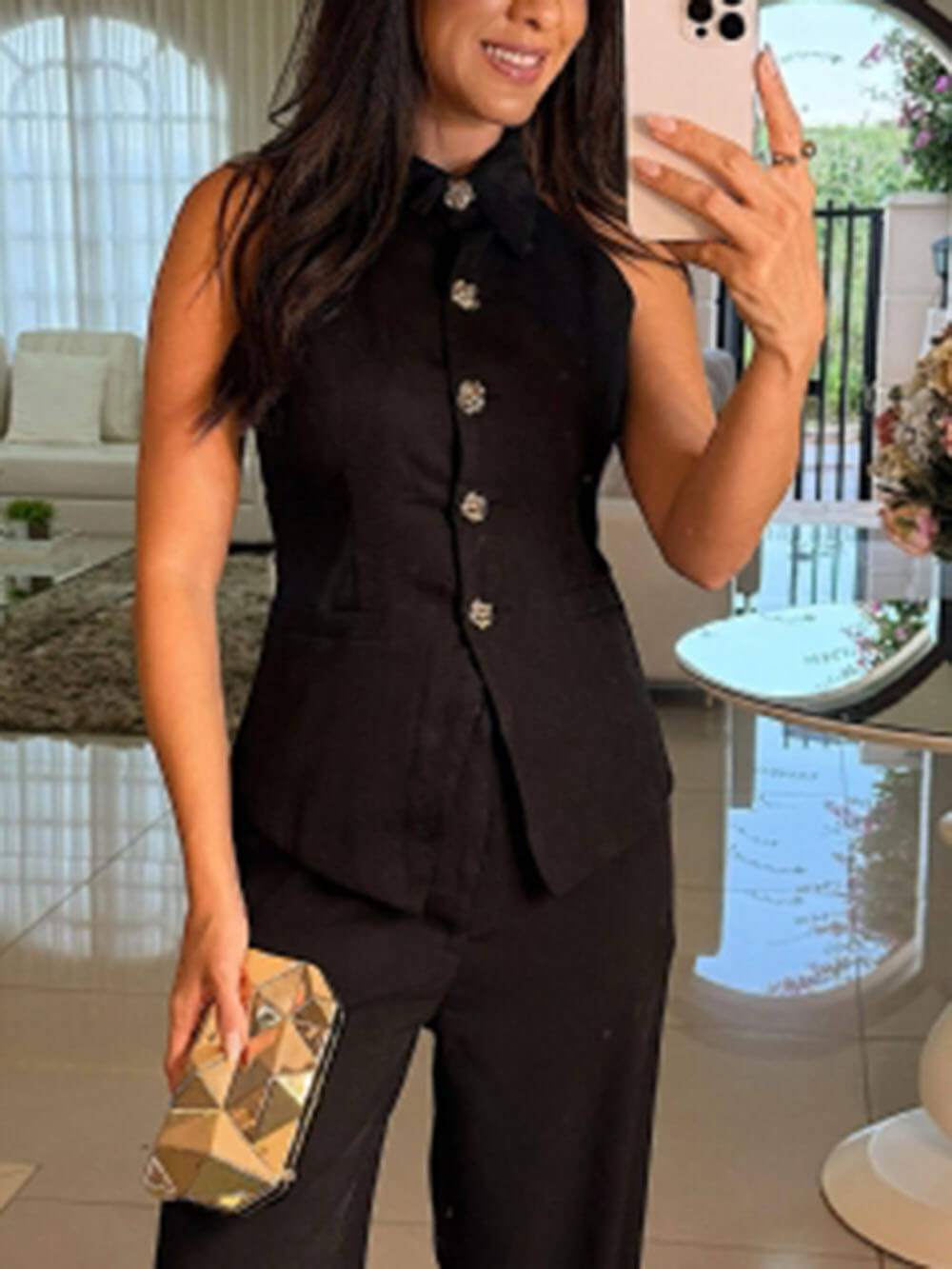 Perfect Charm Elegant High Neck Solid Color Button Vest Top