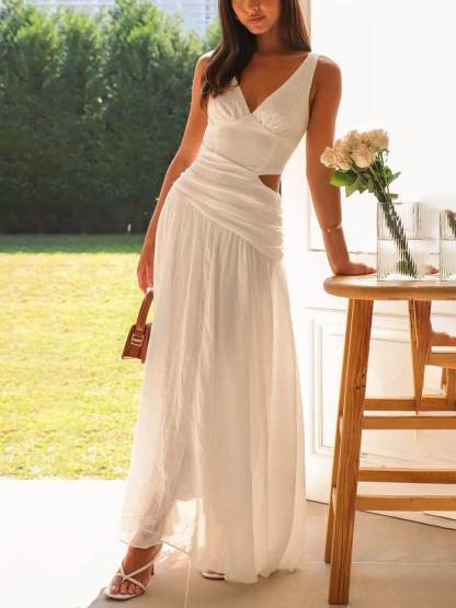 Elegant Backless Pleated V-Neck Splicing Maxi Dress