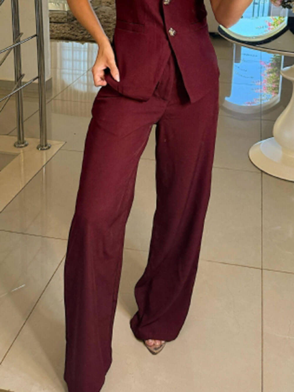 Perfect Charm Elegant High Neck Solid Color Button Vest Top