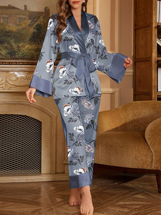 Printed Satin Long-Sleeve Pants Two-Piece Home Wear