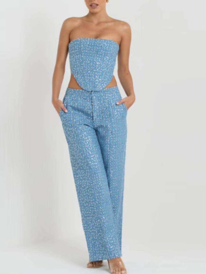 Denim Sequined Tube Top Wide-leg Pants Suit