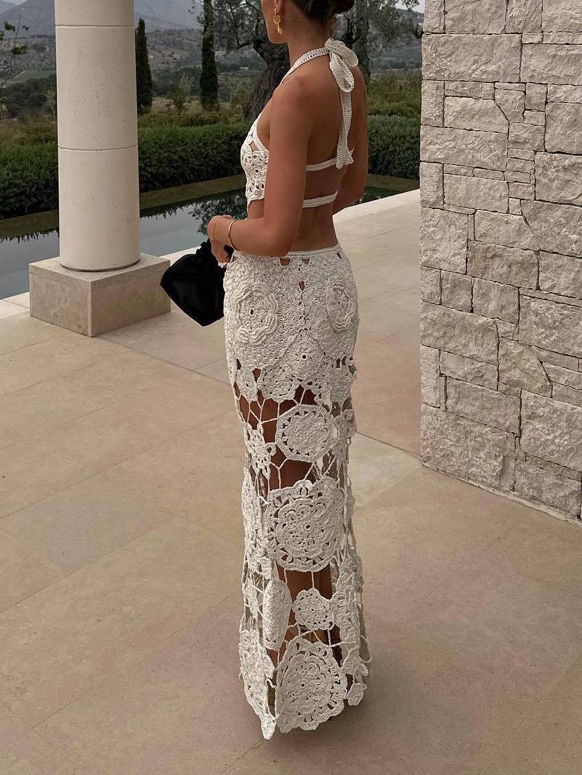 Halter Neck Backless Crochet Maxi Dress