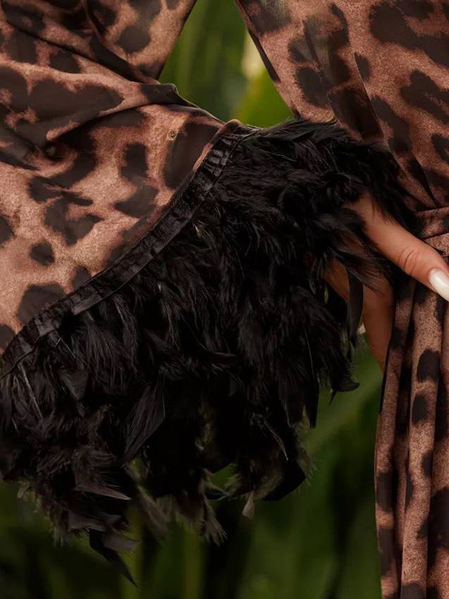 Leopard-Print Feather Stitching Long-Sleevd Tie Nightgown