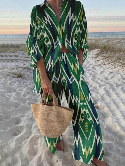 Unique Ethnic Pattern Printed Long-Sleeved Shirt And Wide-Leg Pants Set