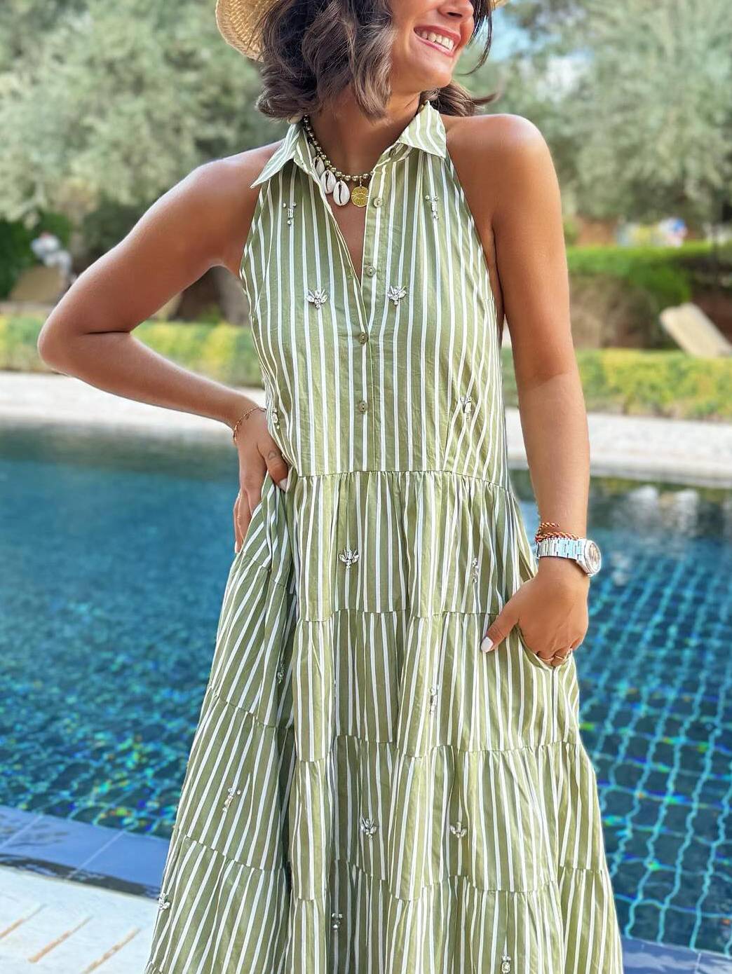Shirt Collar Backless Striped Dress