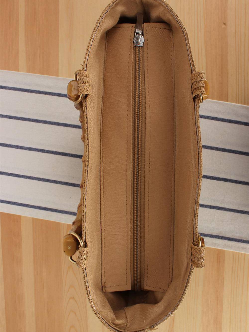 Bamboo Handle Striped Contrast Color Straw Handbag