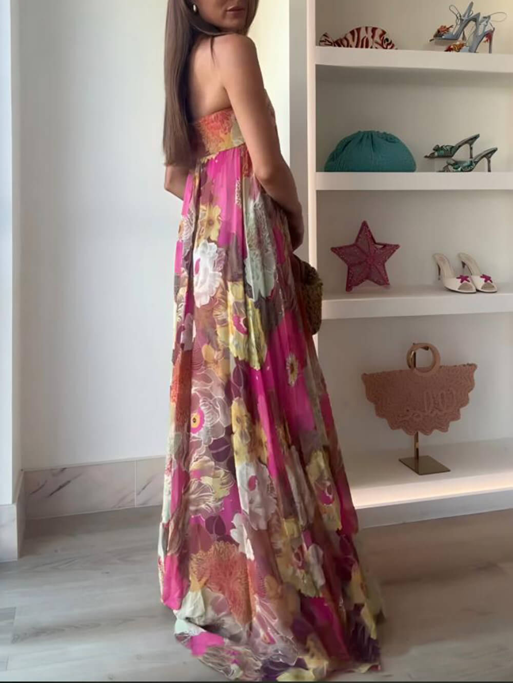 Ethnic Floral Print Off Shoulder A-line Maxi Dress