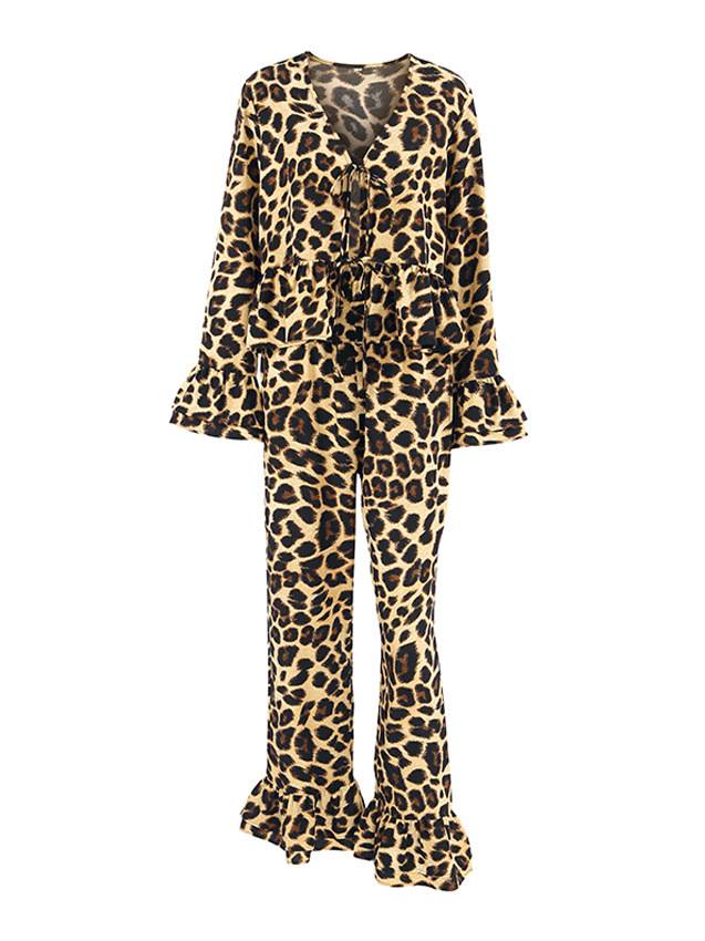 Leopard Printed Long Sleeve Long Pants HomeWear Suit