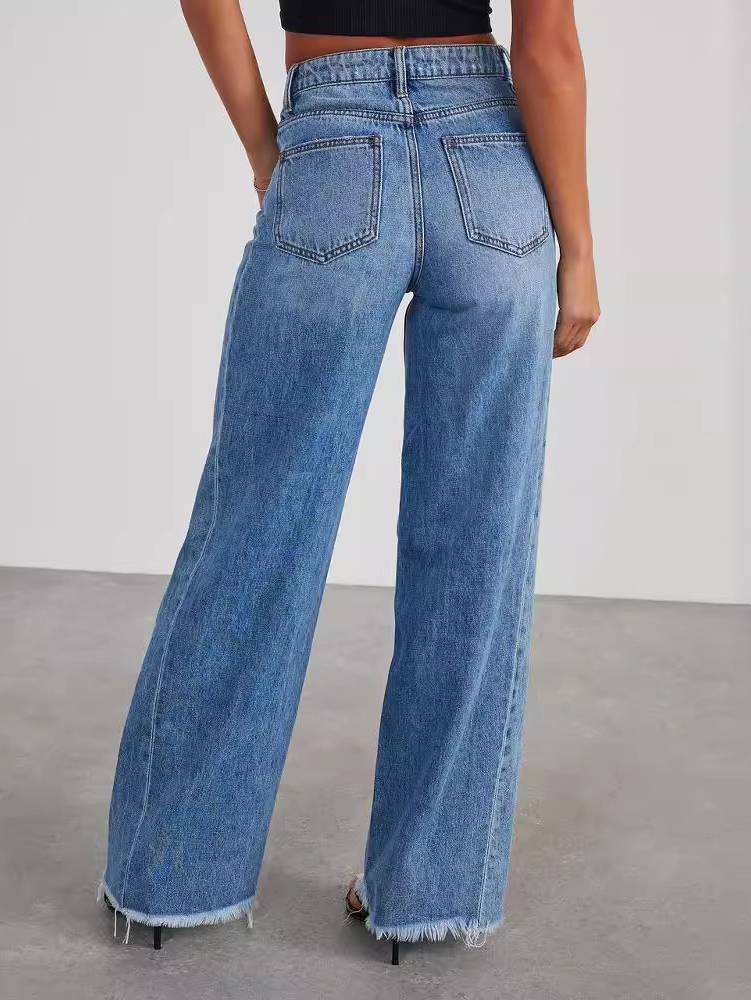Side Stitched Hem Abraded Wide-Leg Jeans