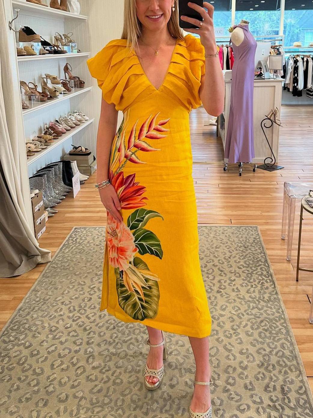 V-neck Pleated Print Dress