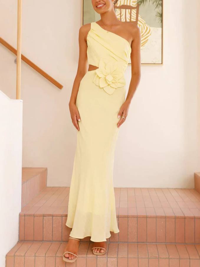 Oblique Collar Three-dimensional Flower Dress