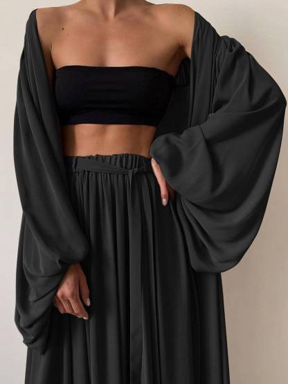 Long Shirt Wide Leg Pants Tube Top Three-piece Set