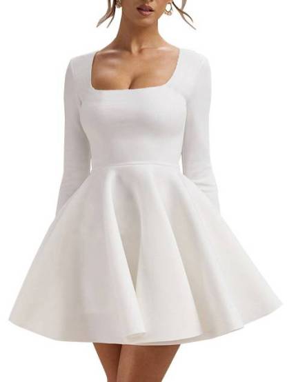 Square Collar High Waist A-Line Mini Dress