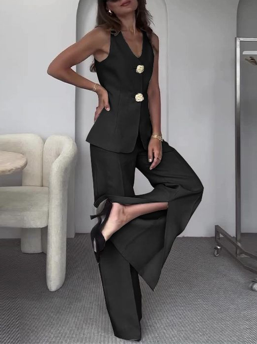 Slim-Fit Vest Slit Wide Leg Pants Suit