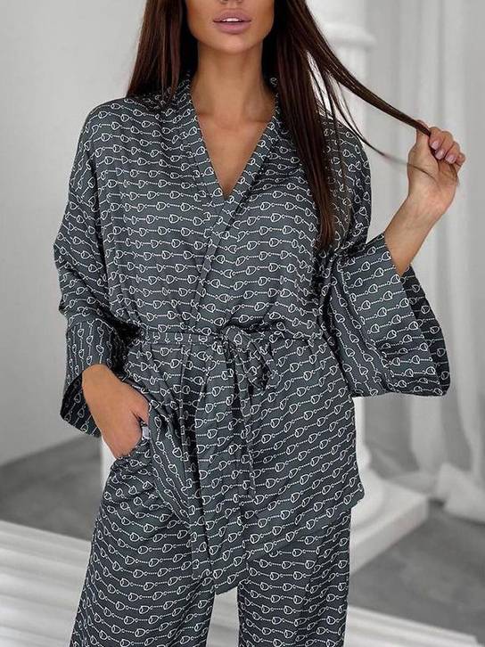 Printed Cardigan Nightgown Pants Home Wear