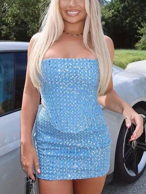 Denim Sequined Tube Top Hip-hugging Skirt Suit