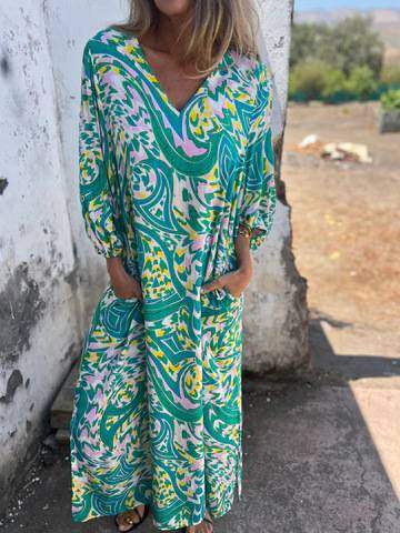 Printed V-neck Pullover Long-sleeved Loose Dress