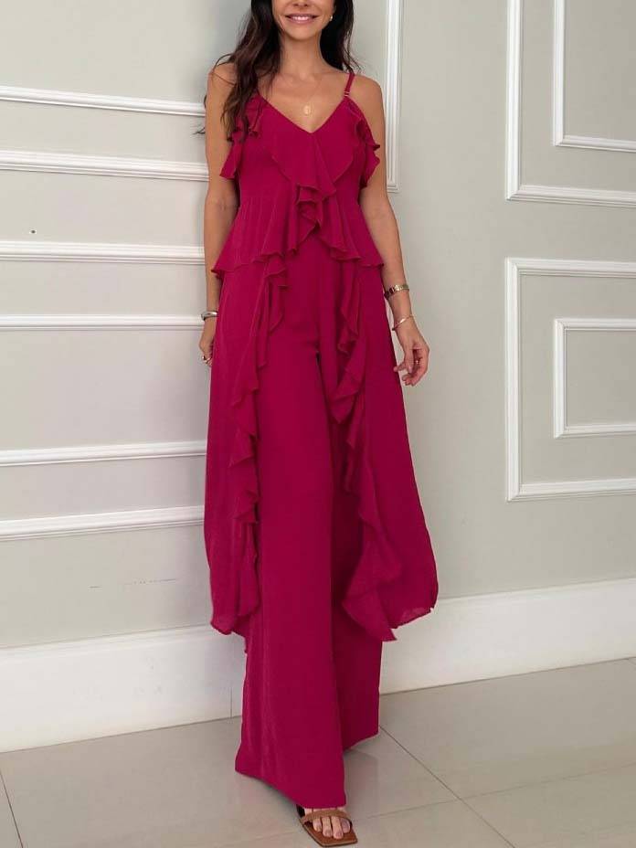Ruffle Hem Suspender Top And Wide-leg Pants Suit