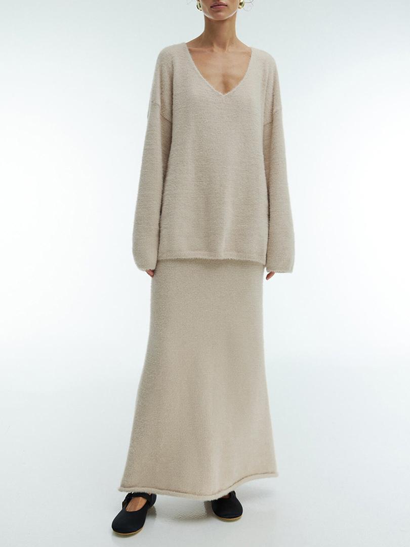 Imitation Mink Top And Skirt Knitted Suit