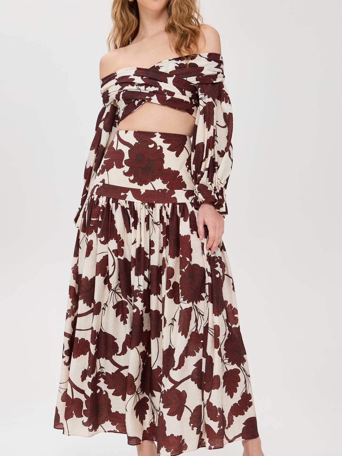 Printed Off-shoulder Top And Skirt Suit