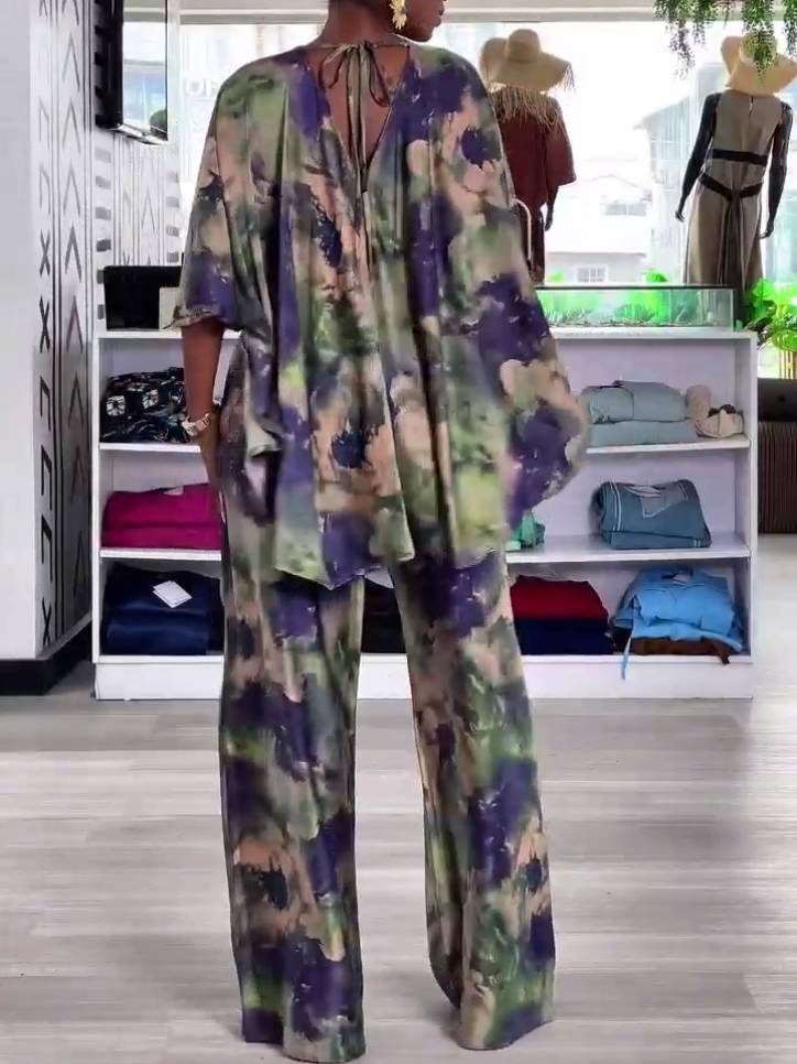 Printed Lace-up Shirt And Wide Leg Pants Suit-Shirt