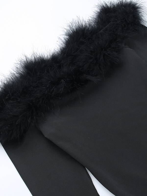 Furry Patchwork Off-shoulder T-shirt Bodysuit