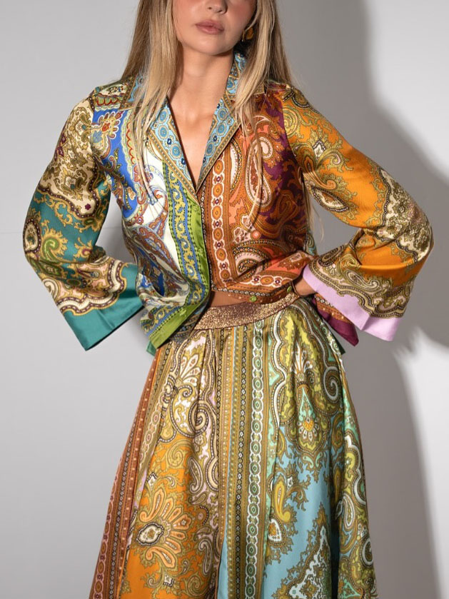 Retro Paisley Print Satin Long Sleeve Shirt