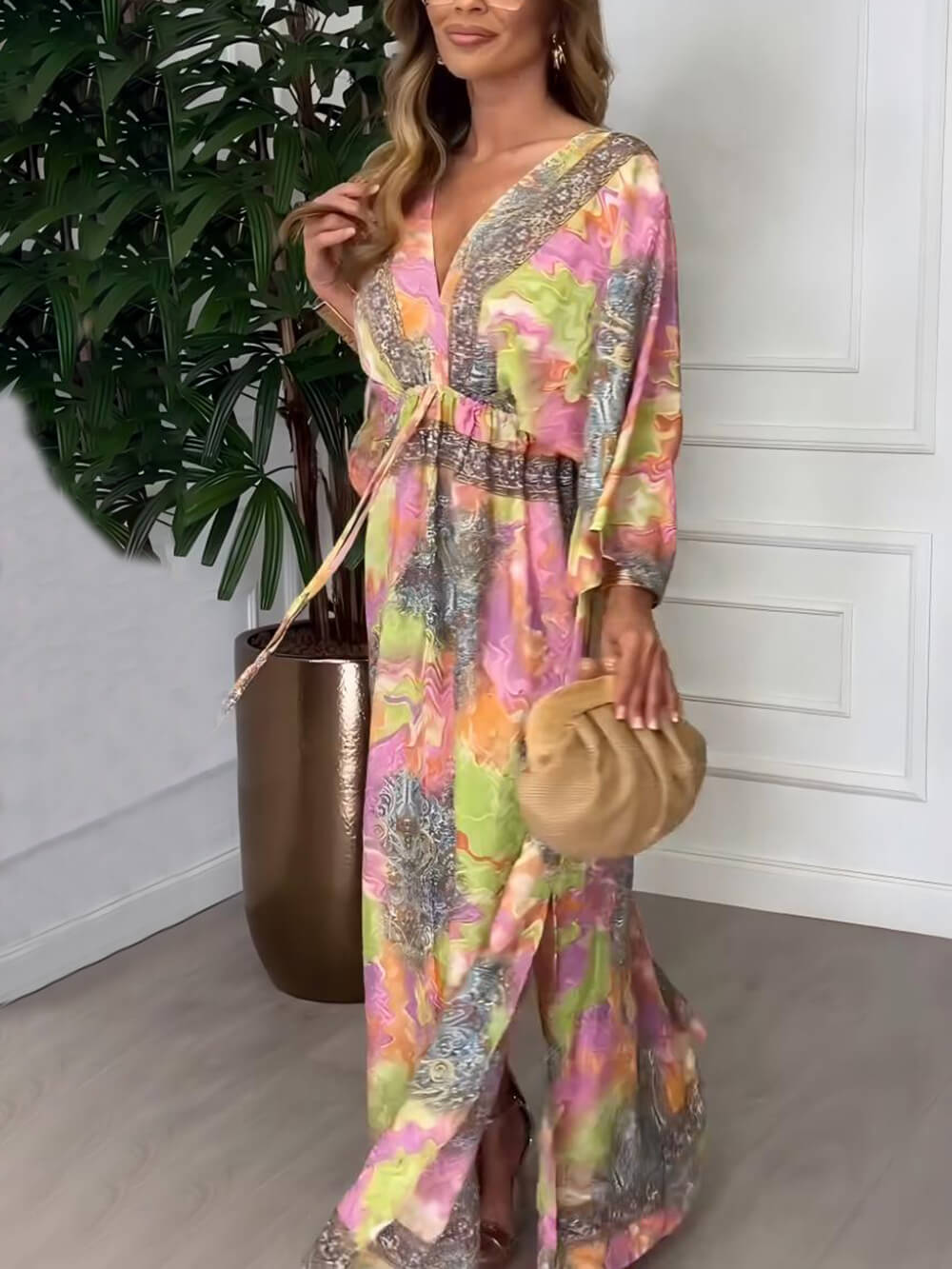 Summer Bold Floral Print Elastic Waist Backless Slit Casual Maxi Dress