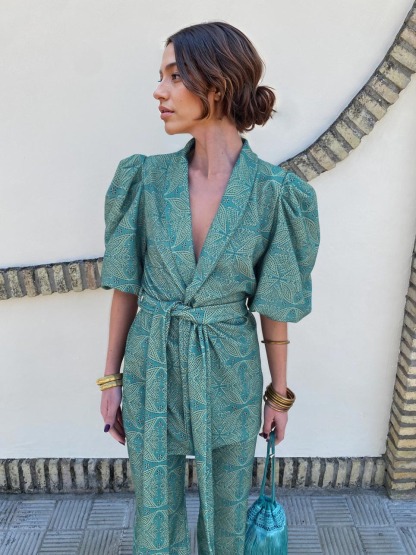 Casual Ethnic Style Printed Puff Sleeve Shirt