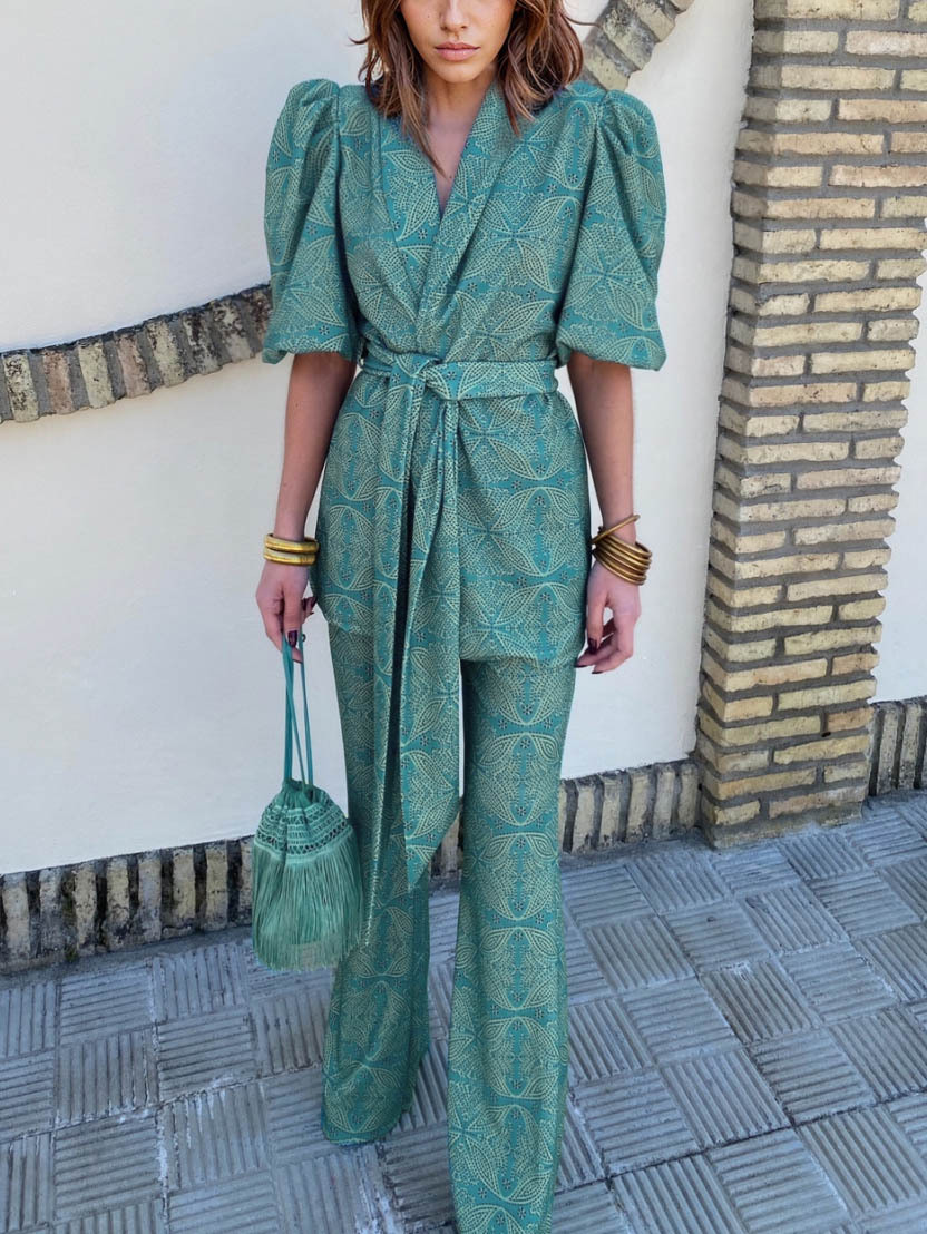 Casual Ethnic Style Printed Puff Sleeve Shirt