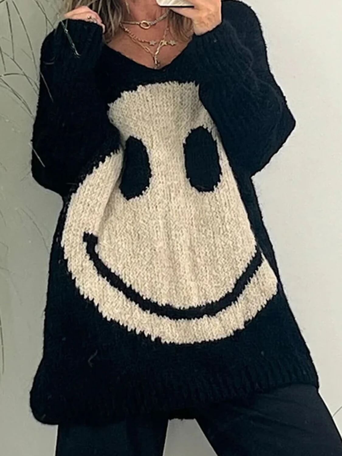 Casual Street Smiley Face Pullover Loose Sweater