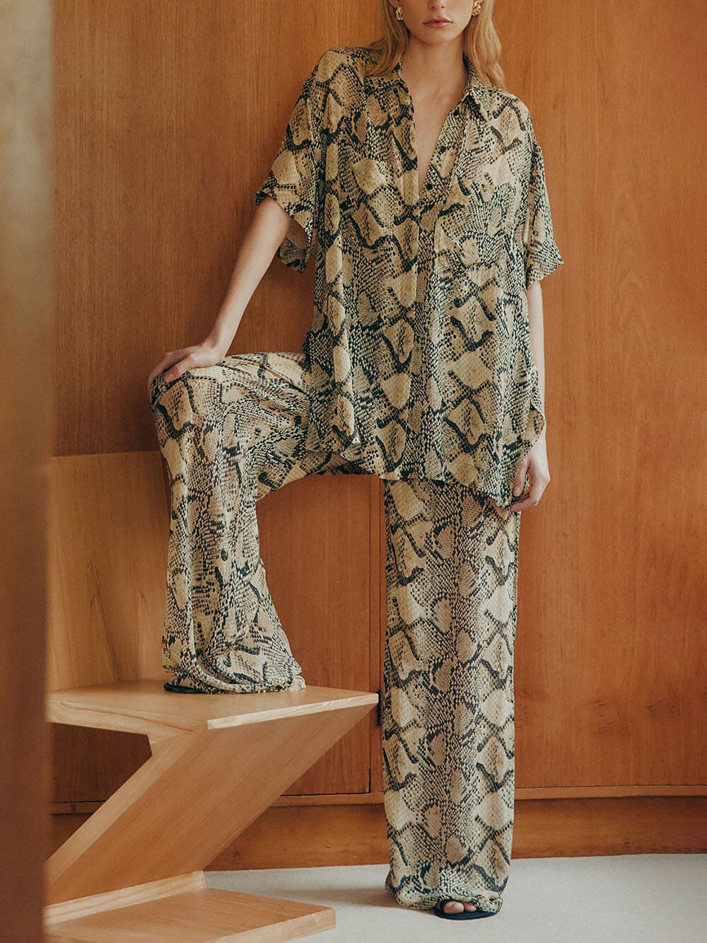 Modern Feel Satin Unique Snake Print Button Down Loose Shirt