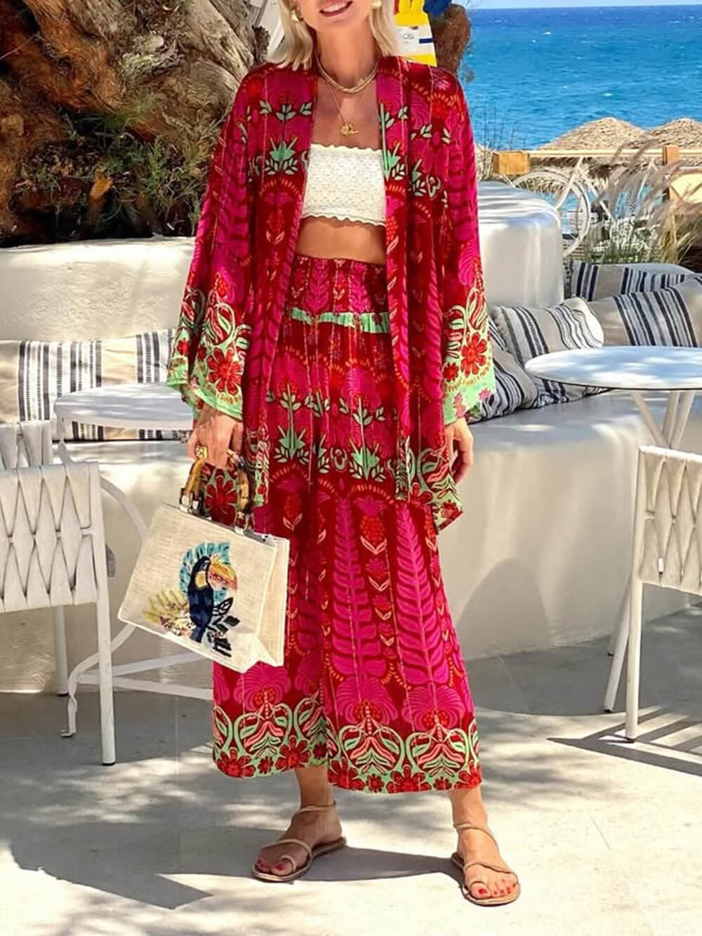 Unique Ethnic Floral Print With Elastic Waist Wide-Leg Pants