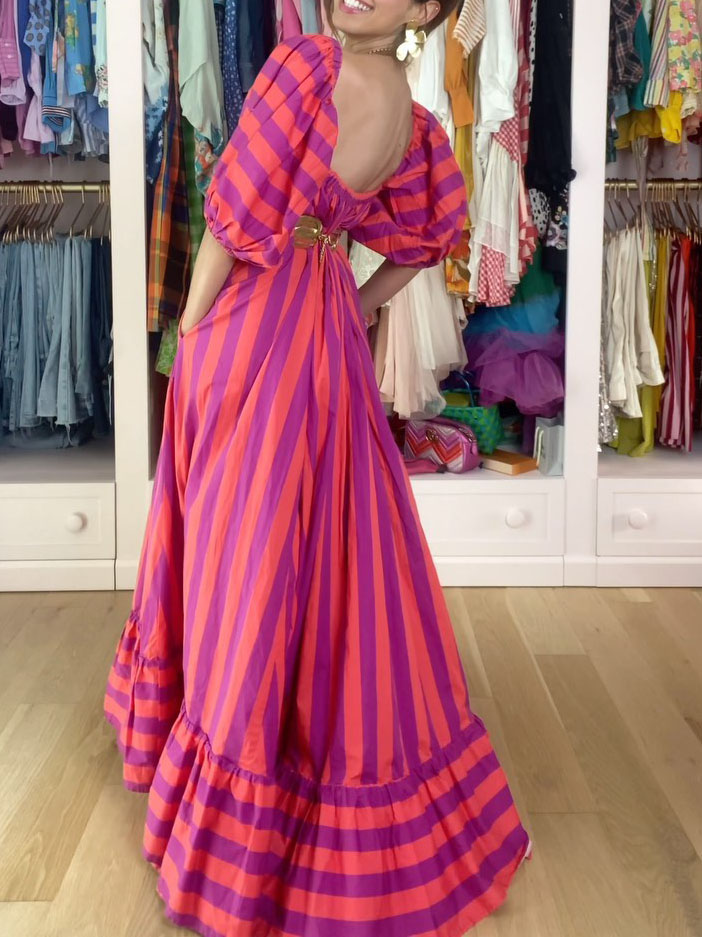 Stunning Unique Stripe Print Puff Sleeve Maxi Dress
