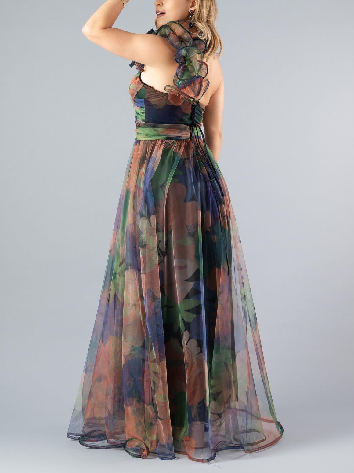 Elegant Tulle Floral Print One Shoulder Neck Maxi Dress