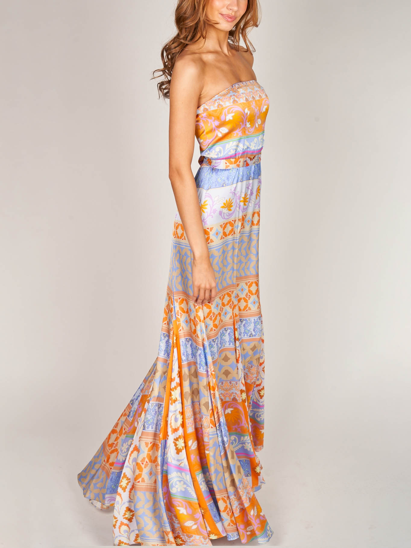 Unique Satin Kaleidoscope Floral Print Maxi Dress