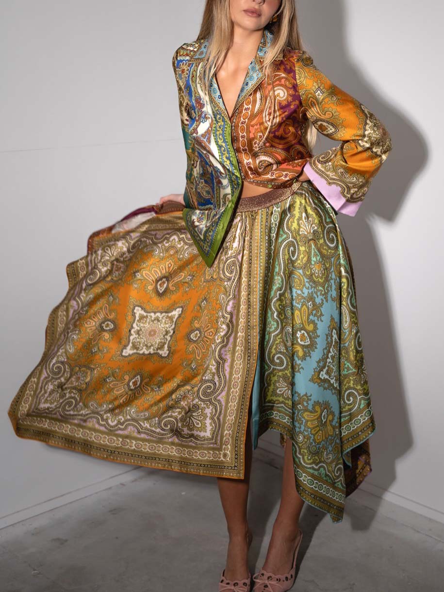 Retro Paisley Print Satin Irregular Skirt