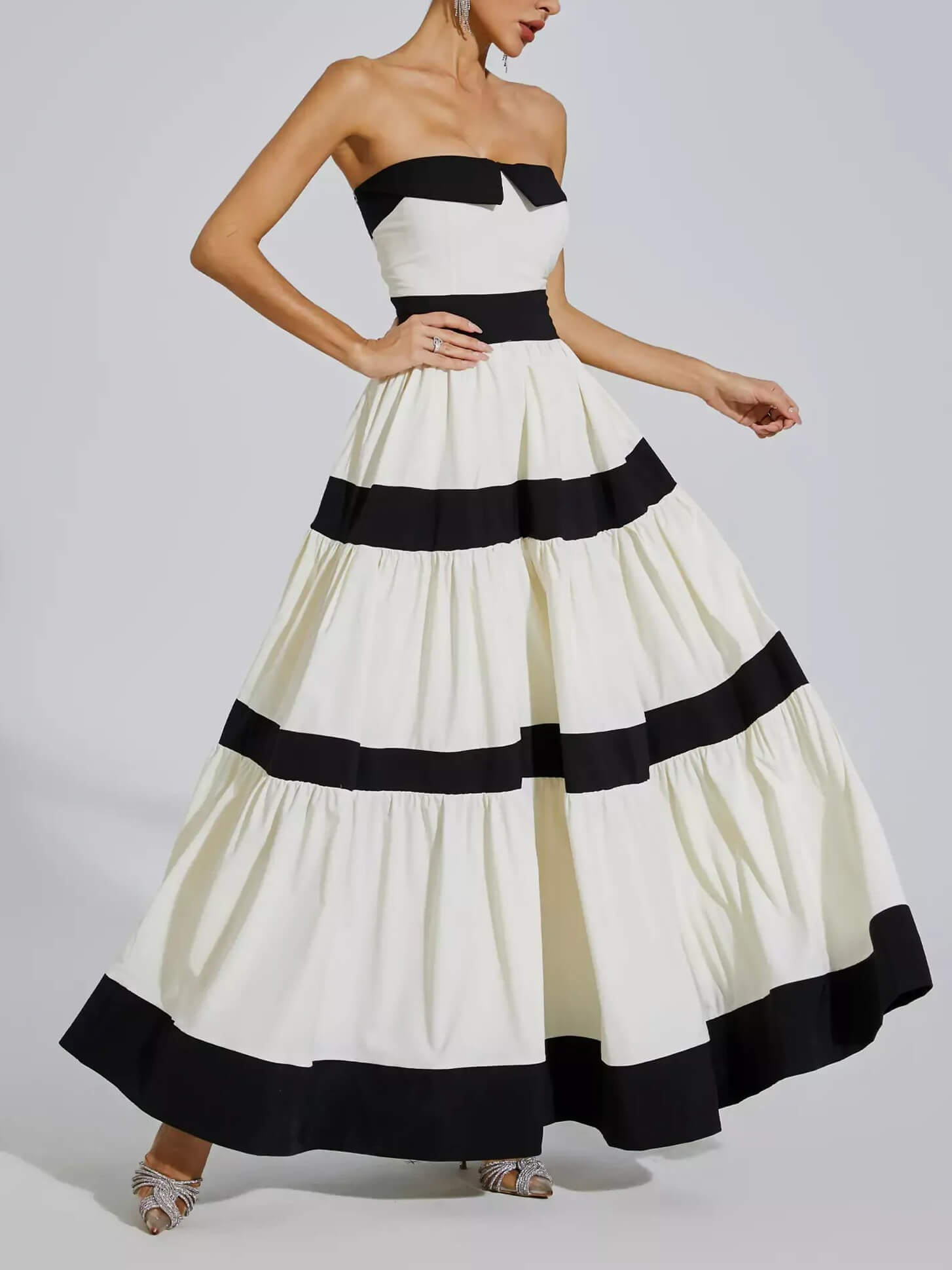 Elegant Striped Bow A-Line Maxi Dress
