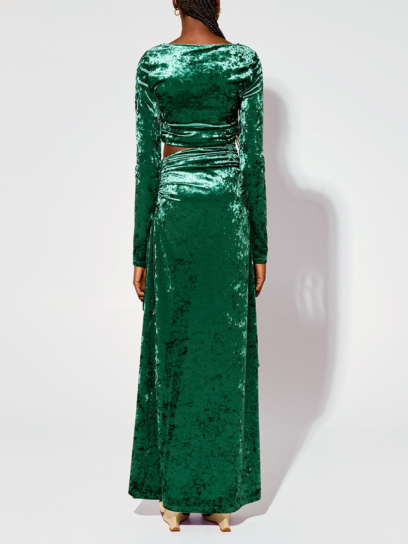 Modern Cutout Shirred Diamond Velvet Maxi Dress