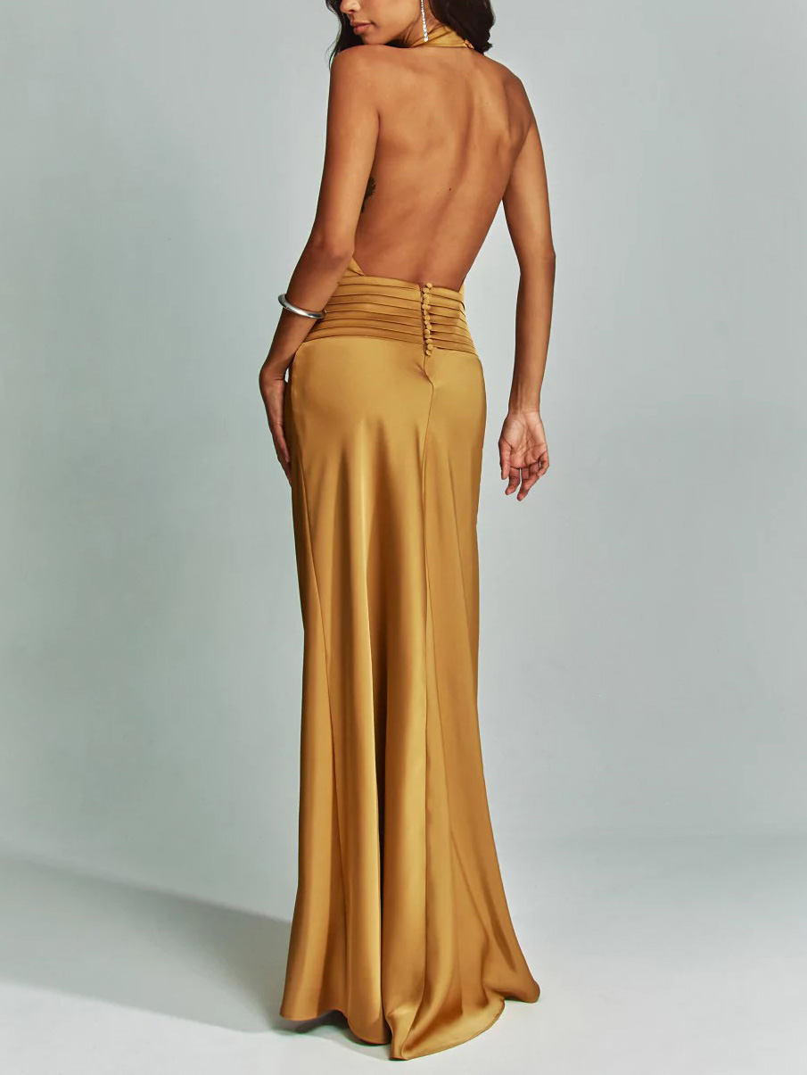 Elegant Chic Halter Neck Satin Party Maxi Dress